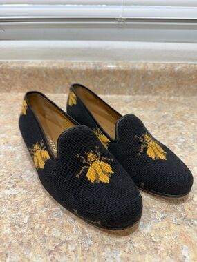Stubbs & Wootton Black Needlepoint Leather Sole Loafers Slip on flat bumble Bee